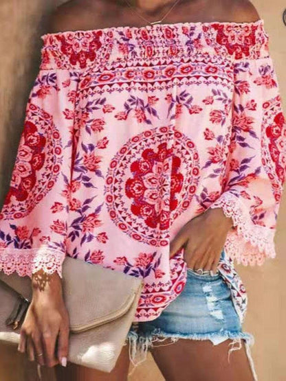 One-line Neck Floral Print Long-sleeved Top - LuckyFash™