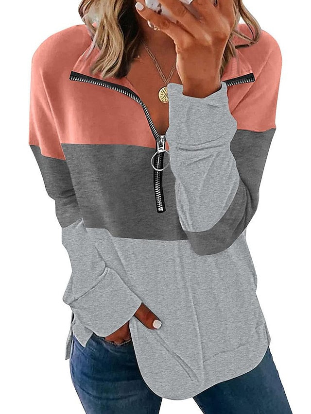 Sweatshirt Pullover Streetwear Basic Zipper Black Pink Orange Color Block Striped Casual Shirt Collar Long Sleeve for Women - LuckyFash™