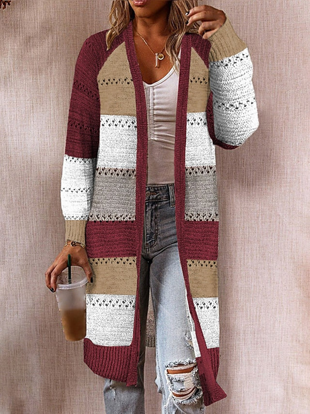 Women's Cardigan Hollow Out Knitted Color Block Stylish Basic Casual Long Sleeve Loose Sweater Cardigans Open Front Fall Spring Black Pink Wine / Holiday / Going out - LuckyFash™