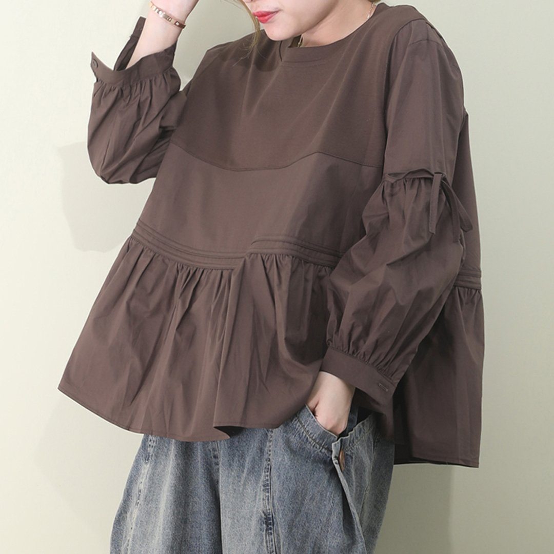 Paneled Loose Fit Ruched Balloon Sleeve T-shirt