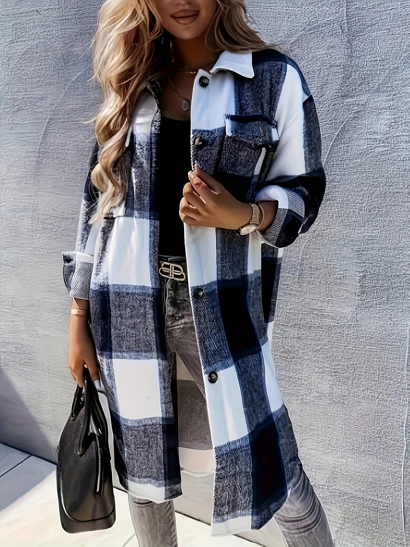 Plaid Button-Front Long Length Lapel Casual Jacket