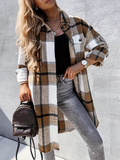 Plaid Button-Front Long Length Lapel Casual Jacket