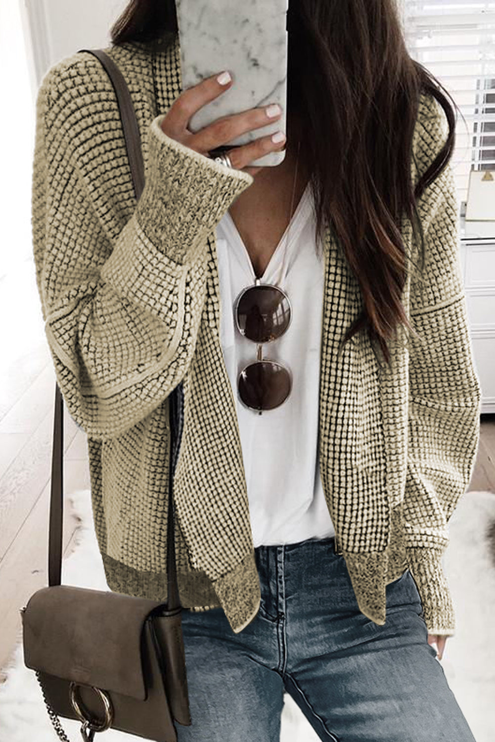 Plaid Contrast Trim Open Front Cardigan - Sweaters & Cardigans - Sunny Angela