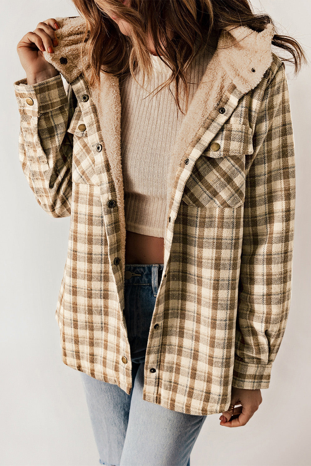 Plaid Pattern Sherpa Lined Hooded Shacket - Jackets - Sunny Angela