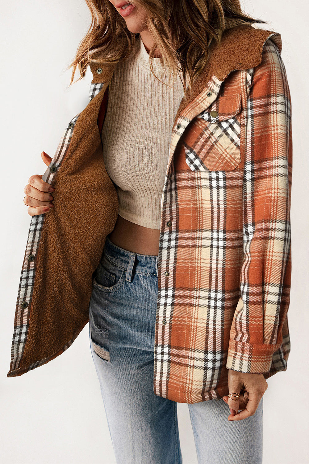 Plaid Pattern Sherpa Lined Hooded Shacket - Jackets - Sunny Angela