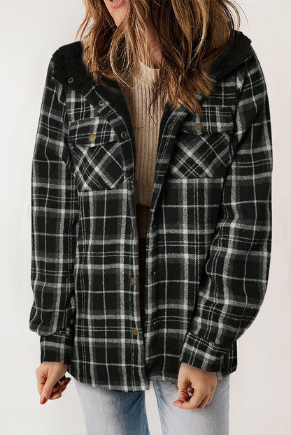 Plaid Pattern Sherpa Lined Hooded Shacket - Jackets - Sunny Angela