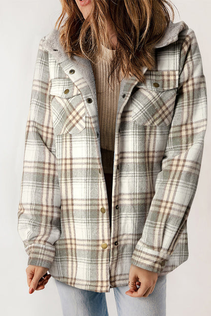 Plaid Pattern Sherpa Lined Hooded Shacket - Jackets - Sunny Angela