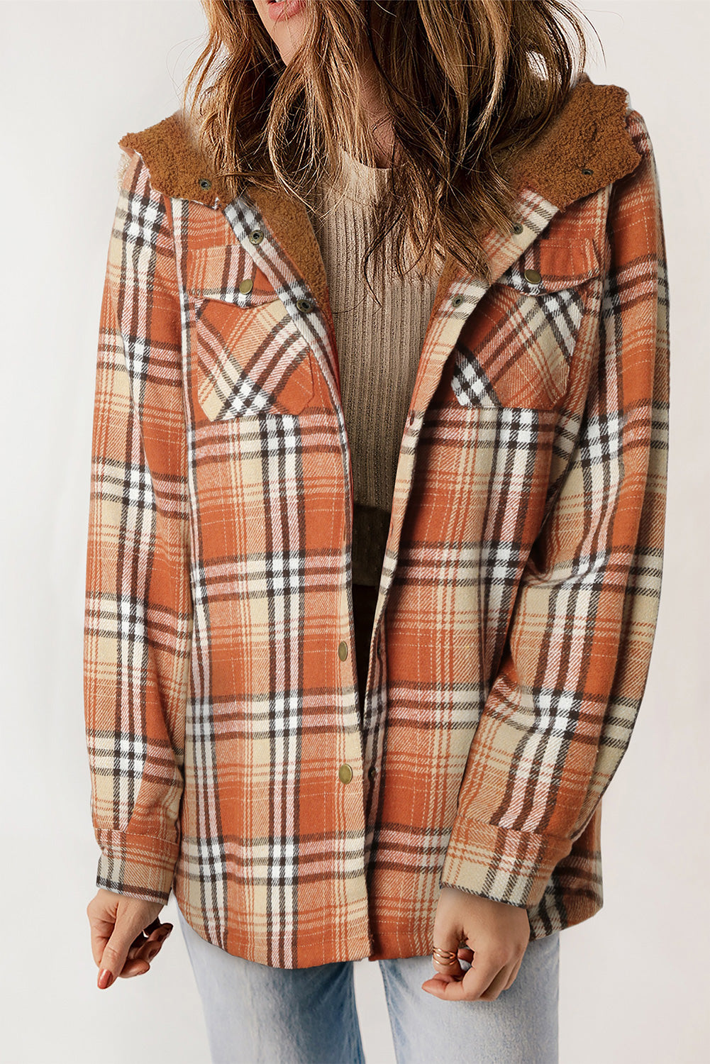 Plaid Pattern Sherpa Lined Hooded Shacket - Jackets - Sunny Angela