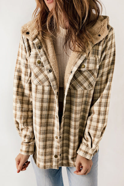 Plaid Pattern Sherpa Lined Hooded Shacket - Jackets - Sunny Angela