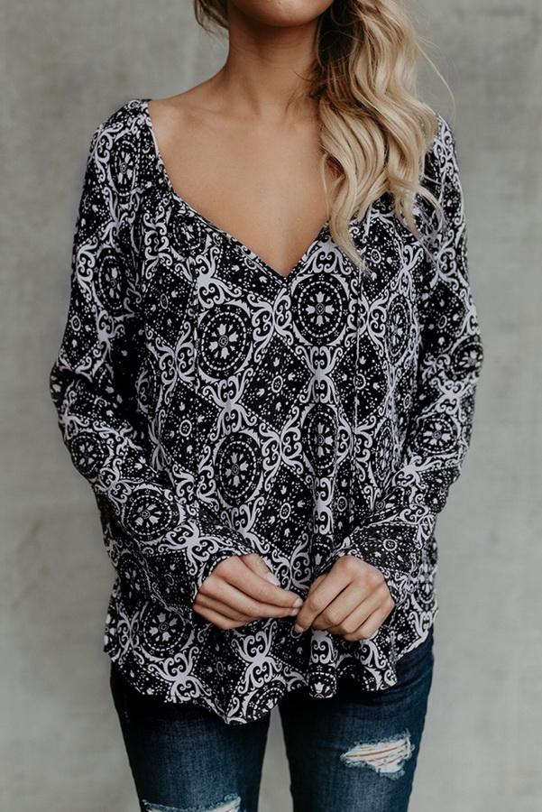 Printed Chiffon V-neck Long-sleeved Shirt - Pavacat