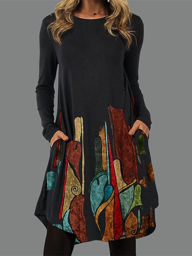 Women's Casual Dress T Shirt Dress Tee Dress Ethnic Dress Mini Dress Black Light Green Pink Long Sleeve Floral Pocket Winter Fall Spring Crew Neck Basic Winter Dress Daily Vacation 2023 S M L XL XXL - LuckyFash™