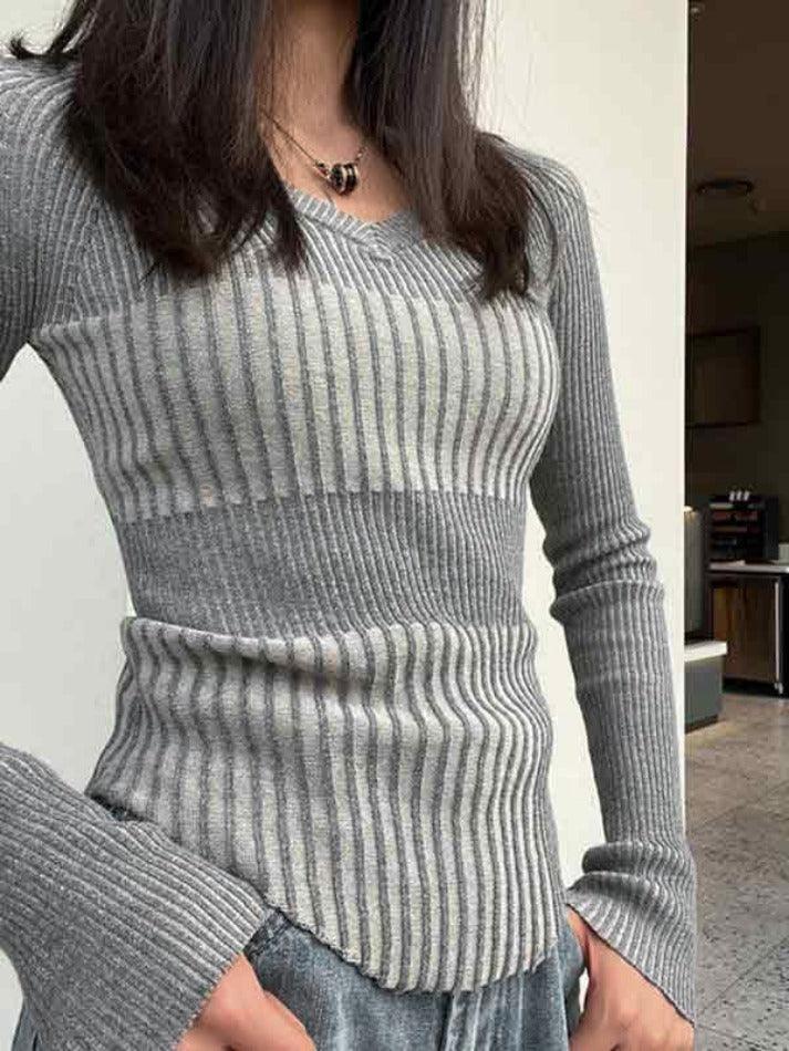 Ribbed Patchwork V Neck Slim Long Sleeve Knit - AnotherChill