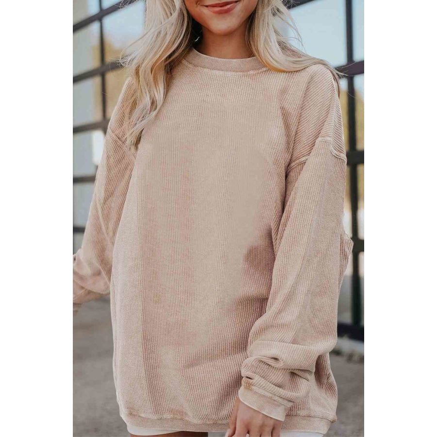 Ribbed Round Neck Drop Shoulder Sweatshirt