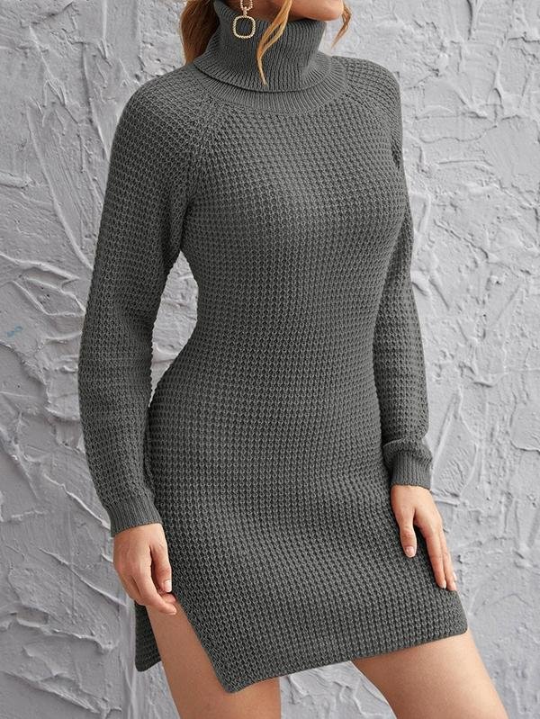 Rolled Neck Raglan Sleeve Split Side Sweater Dress - LuckyFash™