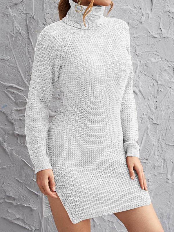 Rolled Neck Raglan Sleeve Split Side Sweater Dress - LuckyFash™