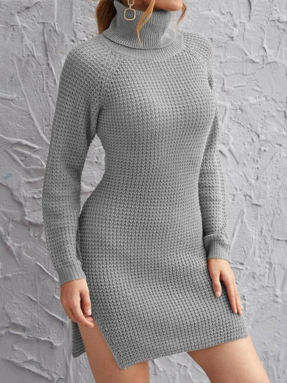 Rolled Neck Raglan Sleeve Split Side Sweater Dress - LuckyFash™