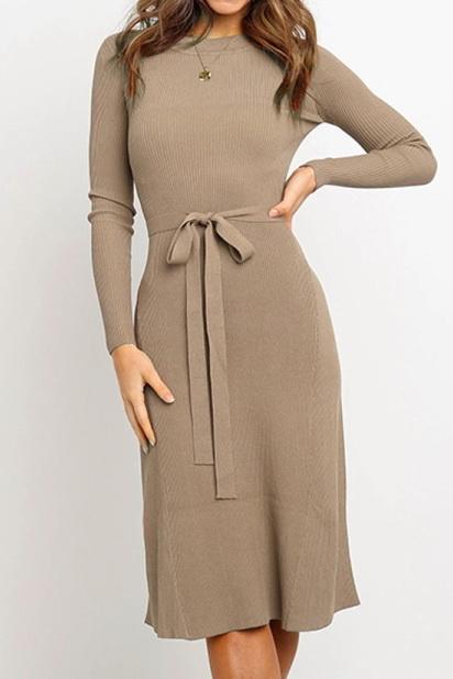 Round Neck Belt Long-sleeved Dress - Pavacat