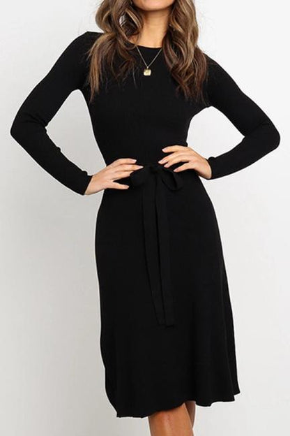 Round Neck Belt Long-sleeved Dress - Pavacat