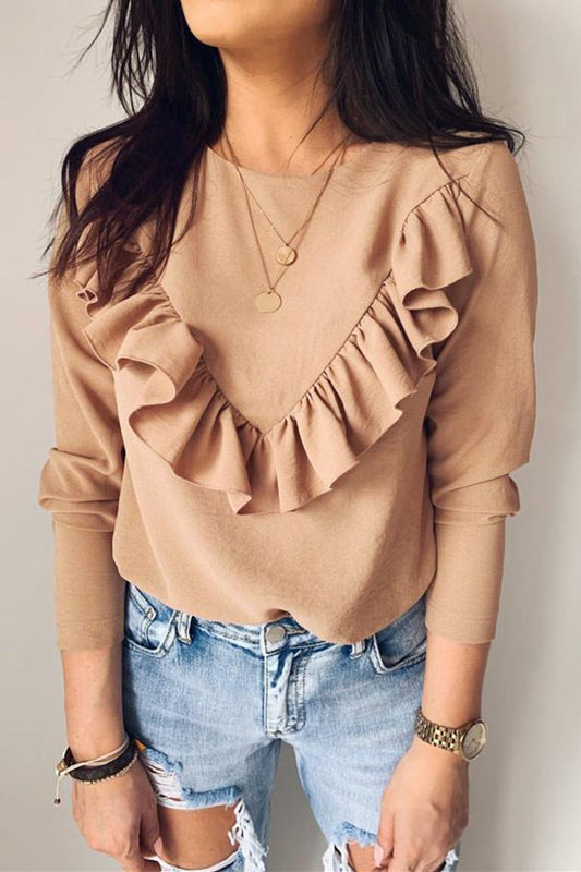 Ruffle Round Neck Long Sleeve Top - Pavacat