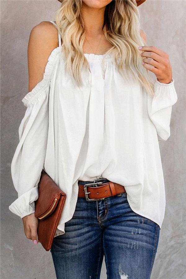 Solid Color Cold Shoulder Loose Tee Blouses & Shirts 5201901221602 L white 