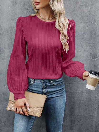 Solid Crew Neck Blouse, Casual Long Sleeve Blouse For Spring & Fall, Womens Clothing - Shop & Buy