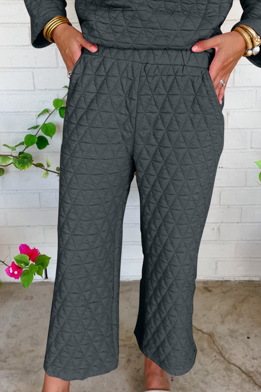 Solid Quilted Pullover and Pants Outfit - Two Piece Sets - Sunny Angela