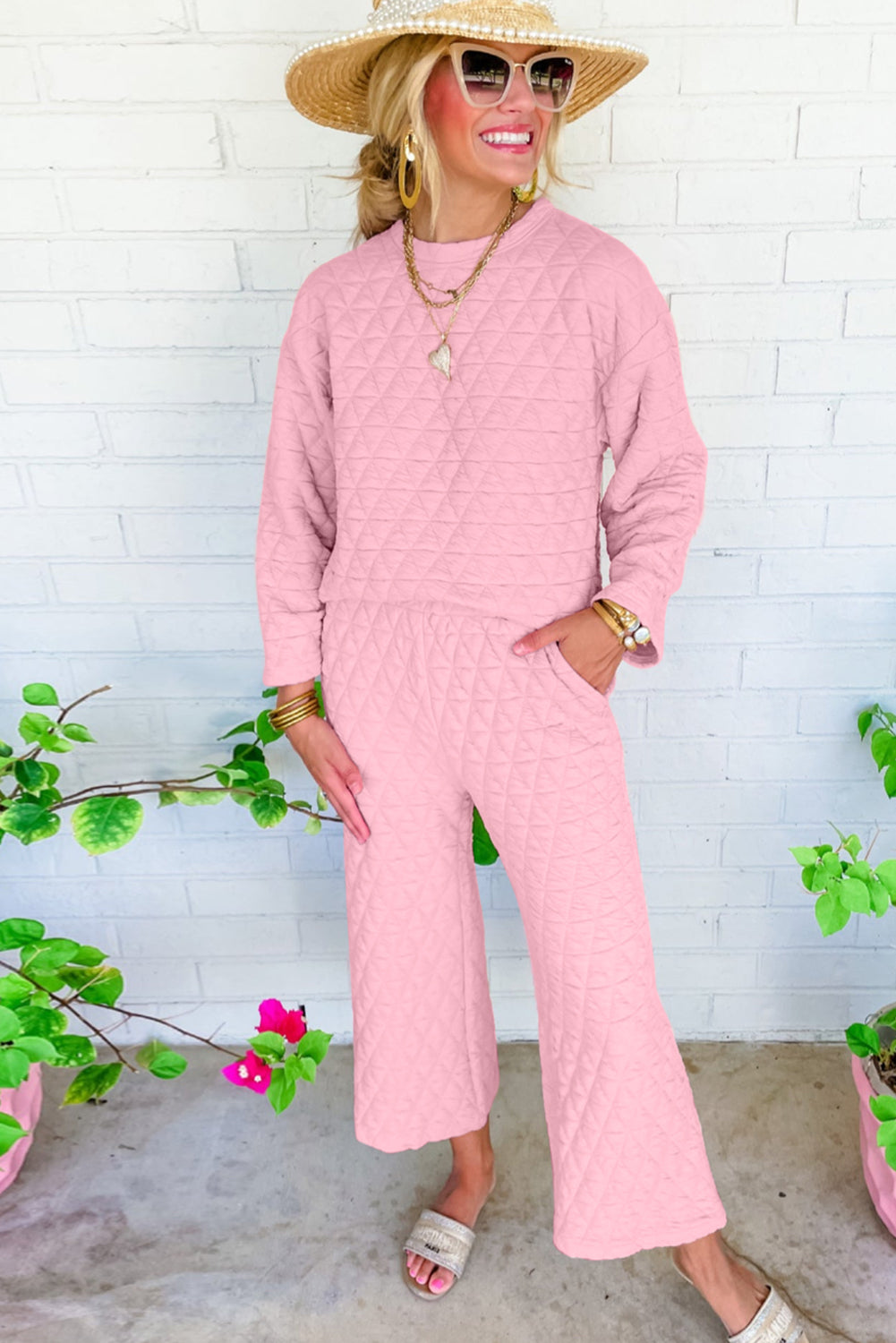 Solid Quilted Pullover and Pants Outfit - Two Piece Sets - Sunny Angela