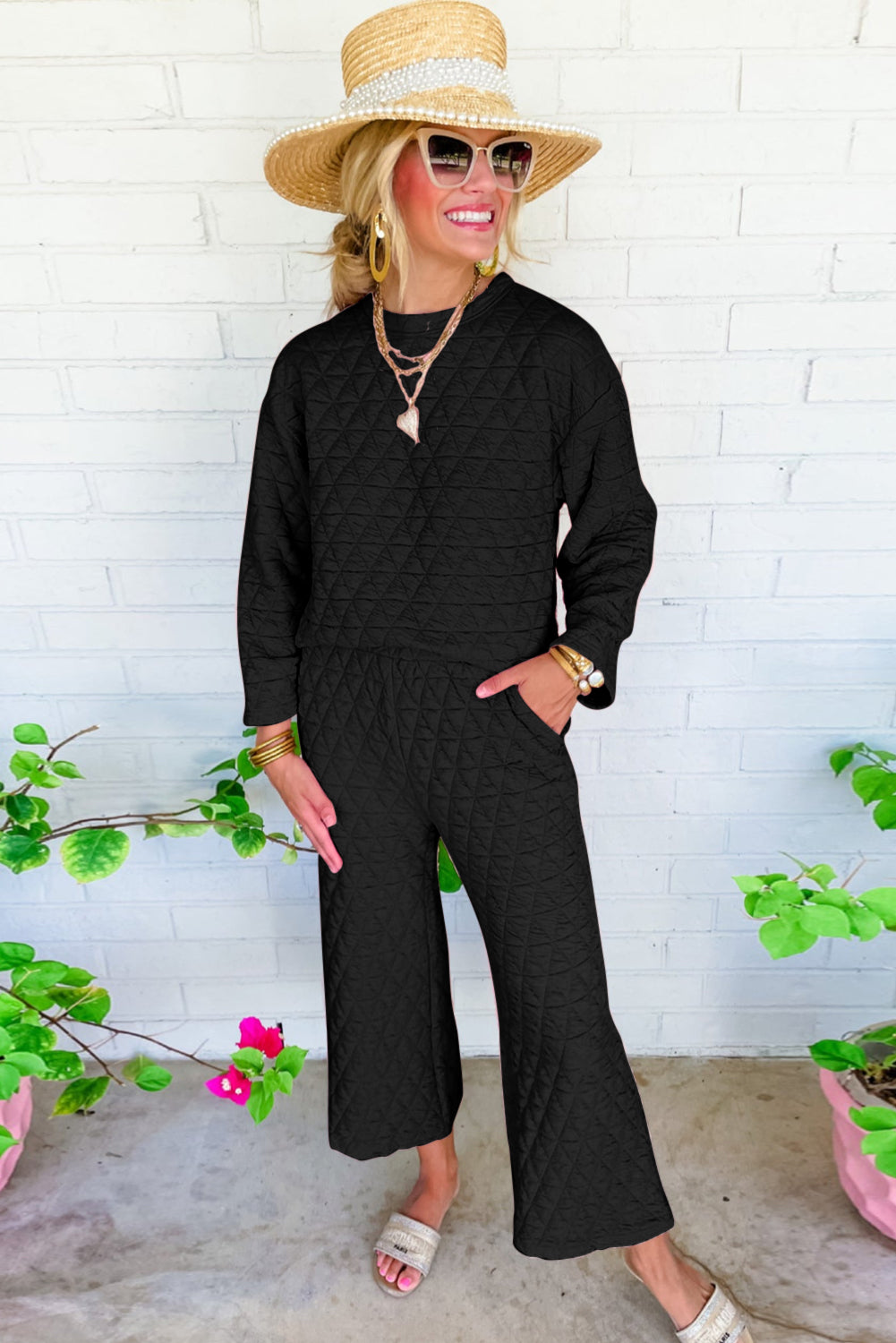 Solid Quilted Pullover and Pants Outfit - Two Piece Sets - Sunny Angela