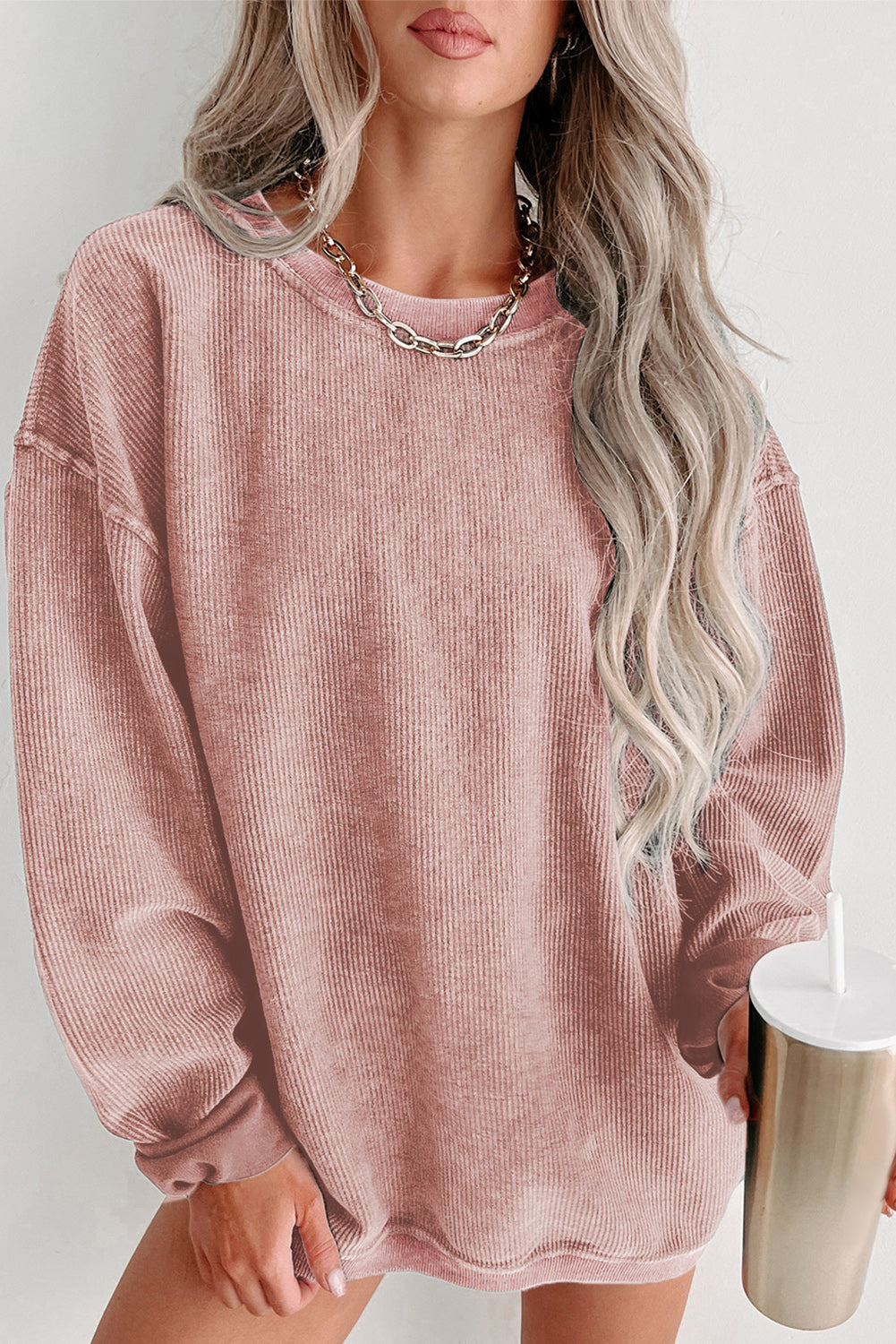 Solid Ribbed Knit Round Neck Pullover Sweatshirt - Sweatshirts & Hoodies - Sunny Angela