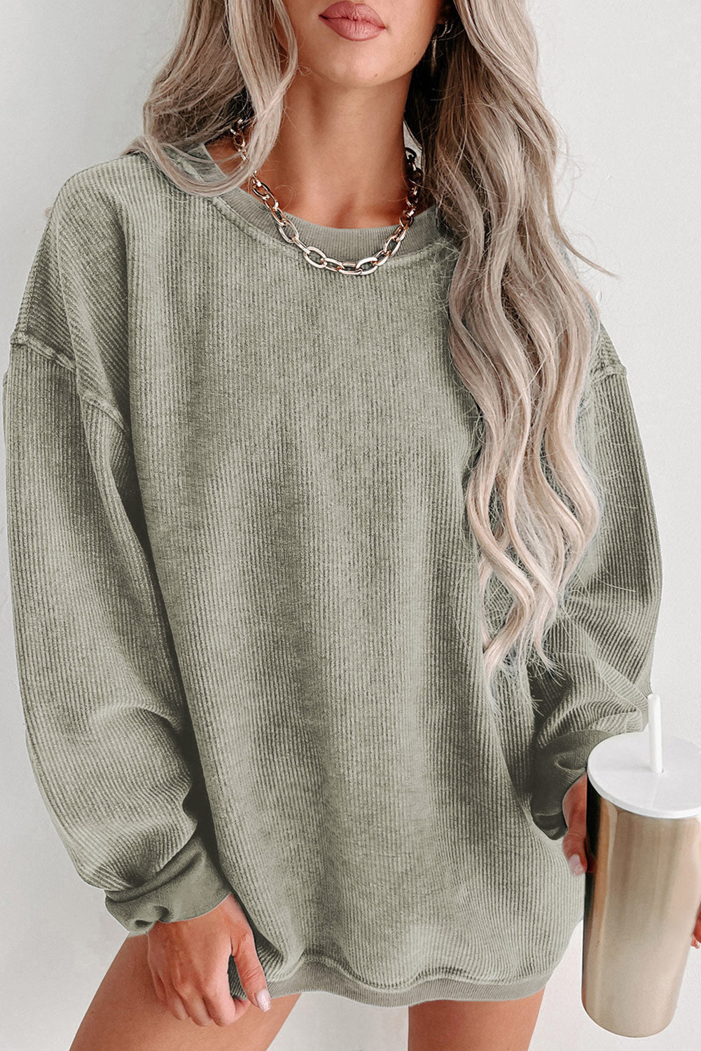 Solid Ribbed Knit Round Neck Pullover Sweatshirt - Sweatshirts & Hoodies - Sunny Angela