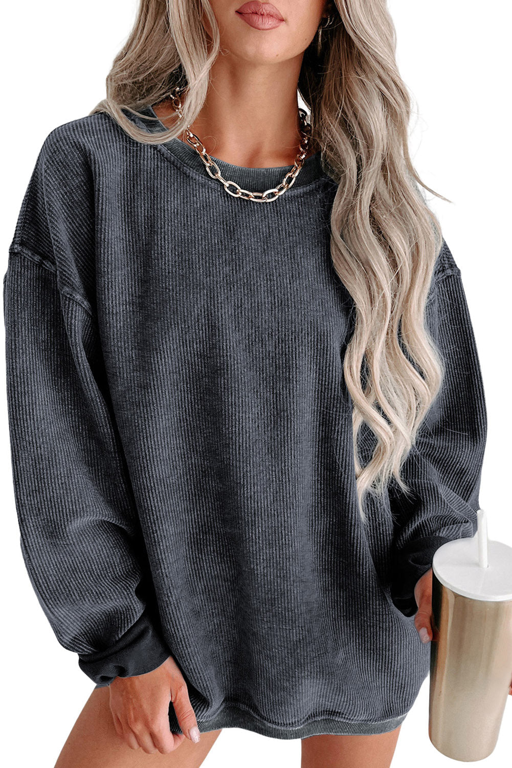 Solid Ribbed Knit Round Neck Pullover Sweatshirt - Sweatshirts & Hoodies - Sunny Angela