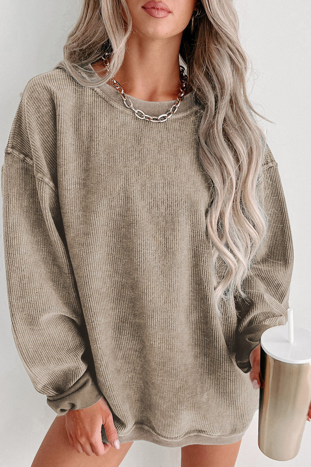 Solid Ribbed Knit Round Neck Pullover Sweatshirt - Sweatshirts & Hoodies - Sunny Angela