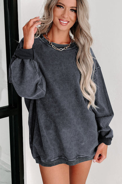 Solid Ribbed Knit Round Neck Pullover Sweatshirt - Sweatshirts & Hoodies - Sunny Angela