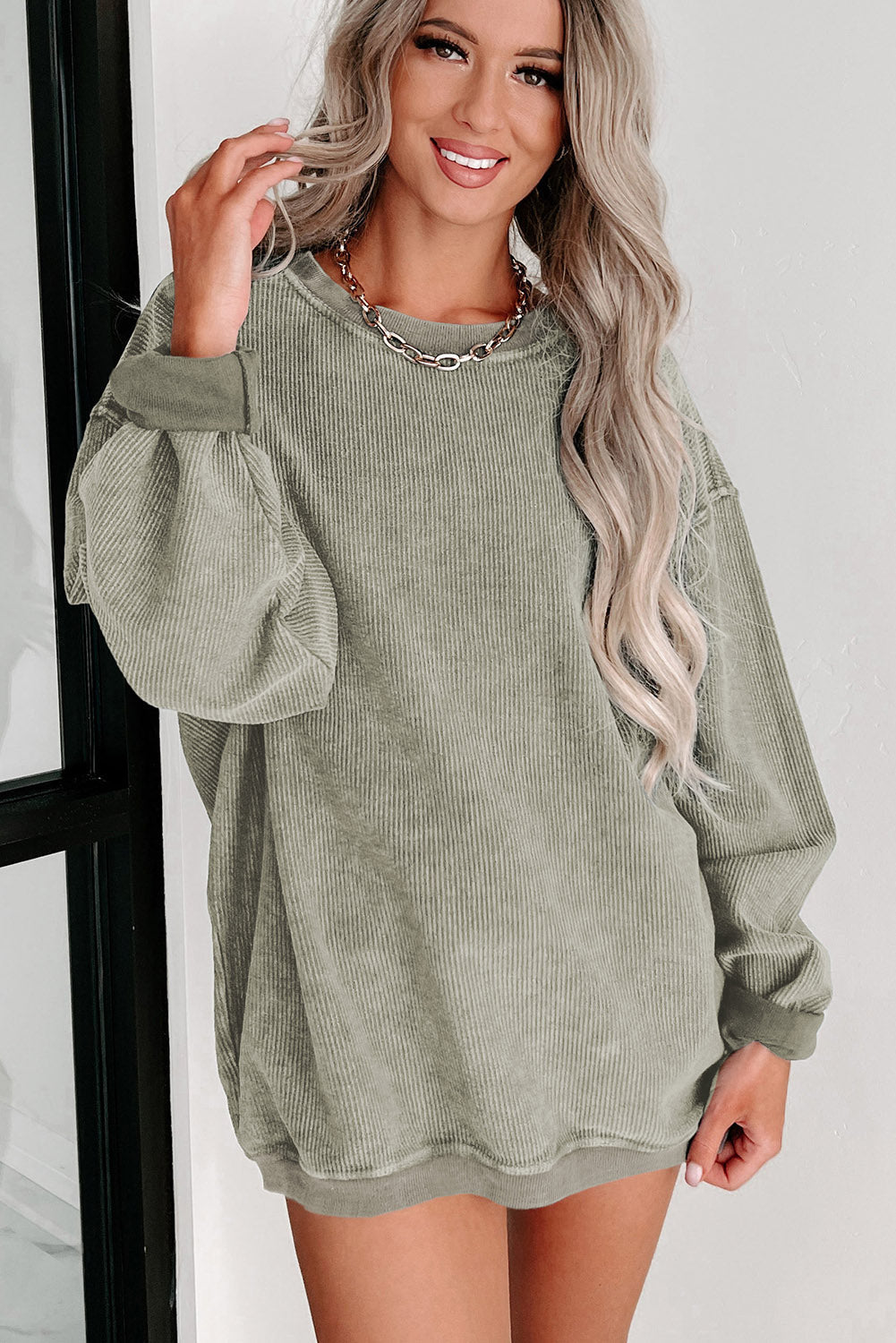 Solid Ribbed Knit Round Neck Pullover Sweatshirt - Sweatshirts & Hoodies - Sunny Angela