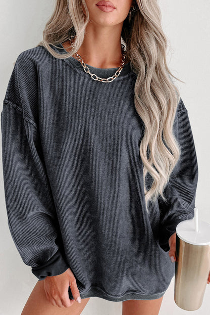 Solid Ribbed Knit Round Neck Pullover Sweatshirt - Sweatshirts & Hoodies - Sunny Angela