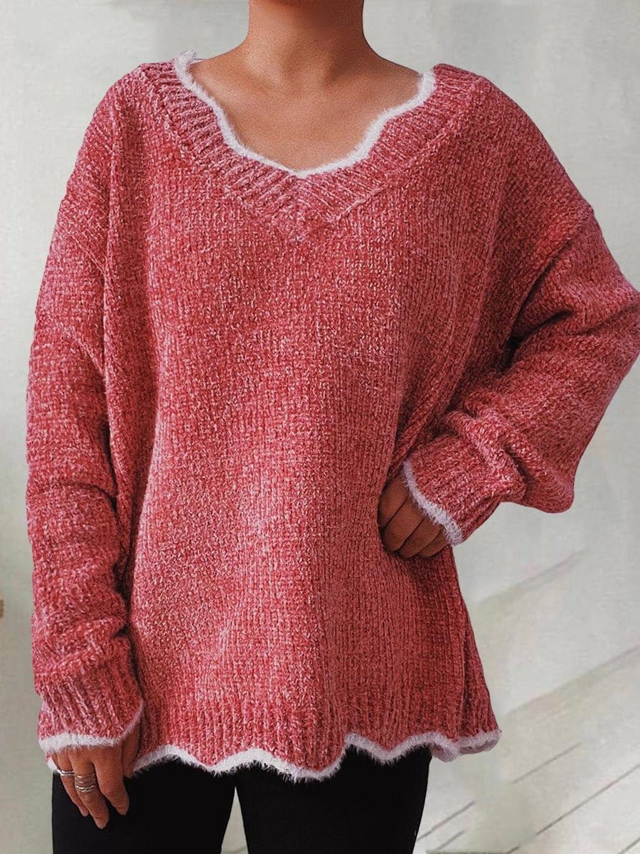 Sweaters - Solid Wavy Neck Long Sleeve Sweater - MsDressly