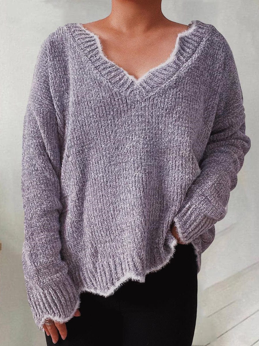 Solid Wavy Neck Long Sleeve Sweater