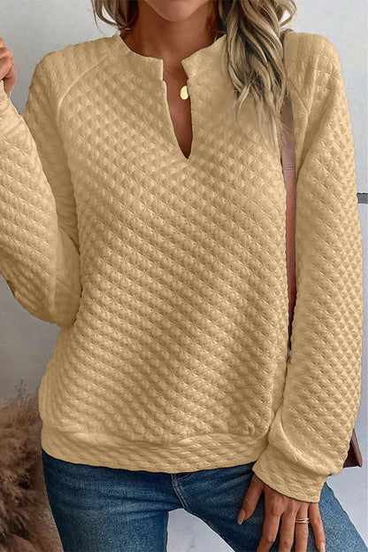 Split Neck Quilted Long Sleeve Top - Tops - Sunny Angela