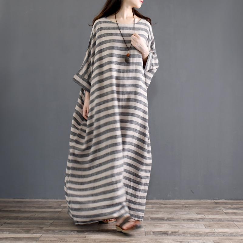 Spring Cotton Linen Loose Striped Long Sleeve Dress