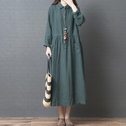 Spring Long Sleeve Cotton Linen Dress