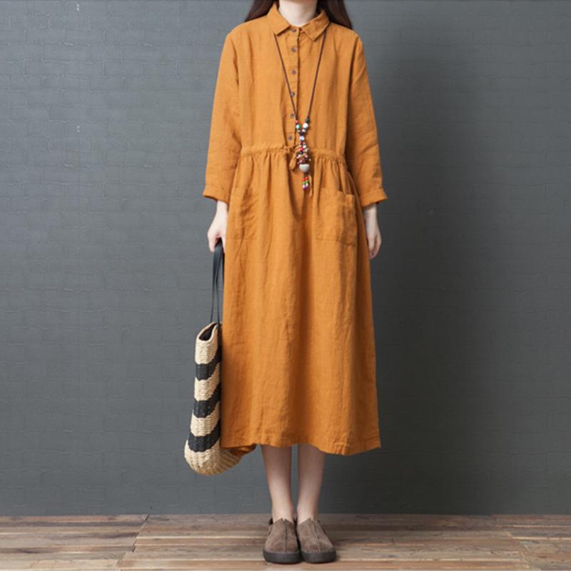 Spring Long Sleeve Cotton Linen Dress