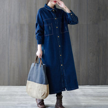 Spring Loose Casual Over-the-knee Single-breasted Denim Coat