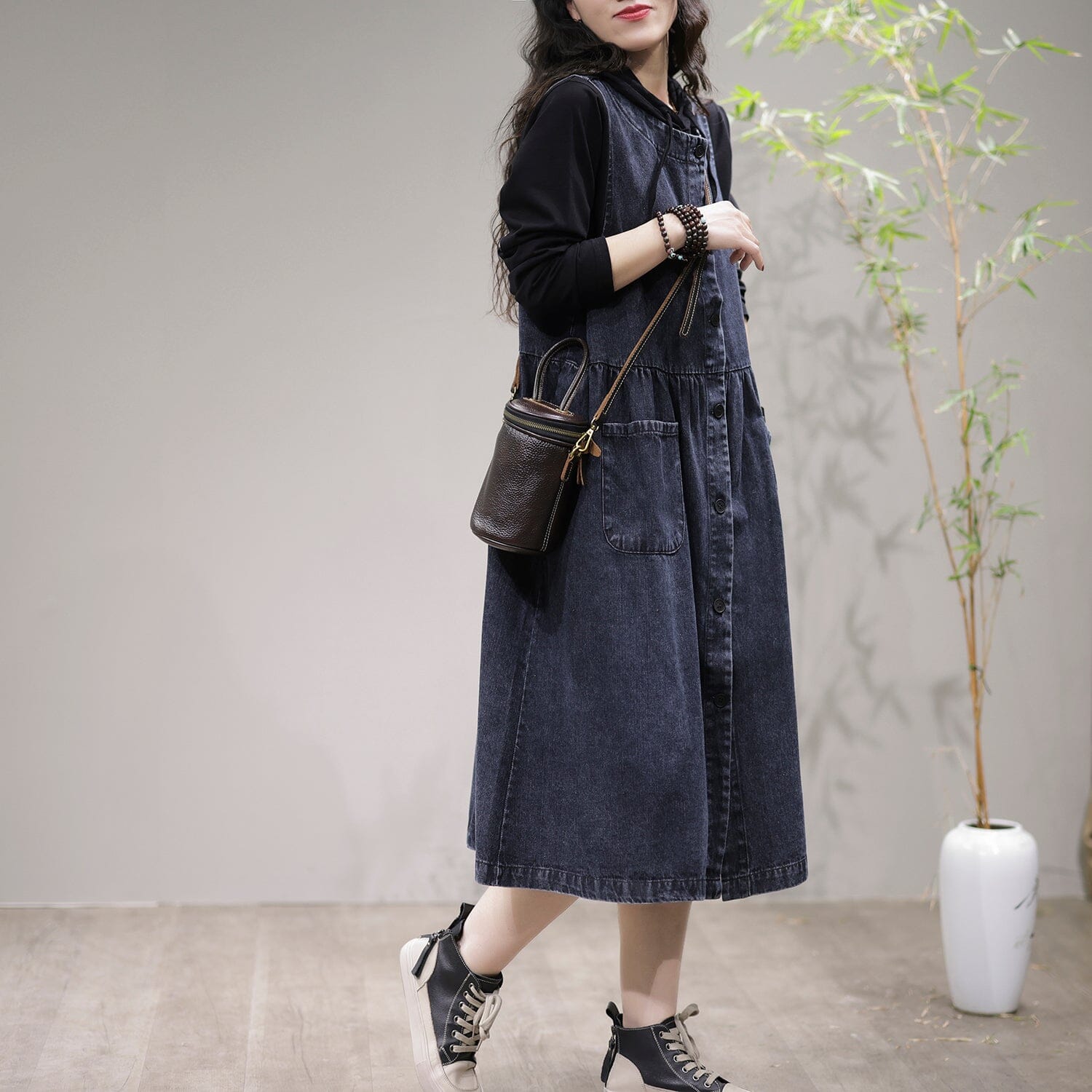 Spring Loose Sleeveless Cotton Denim Midi Dress