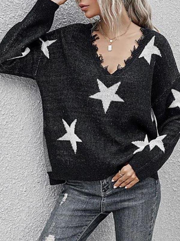 Star Side Slit Distressed V Neck Sweater - Sweaters - INS | Online Fashion Free Shipping Clothing, Dresses, Tops, Shoes - 02/07/2021 - Autumn - Black