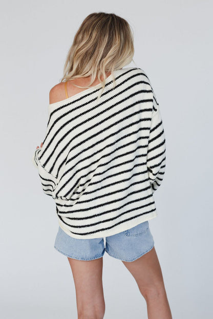 Striped Drop Shoulder Oversized Sweater - Sweaters & Cardigans - Sunny Angela