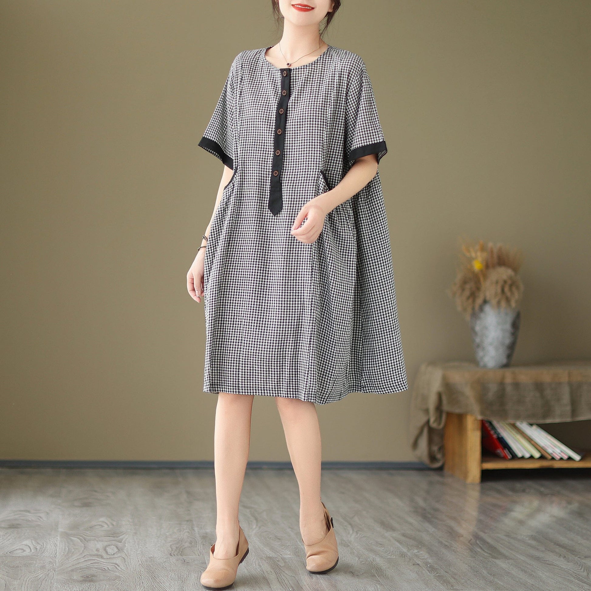 Summer Casual Loose Cotton Linen Plaid Dress