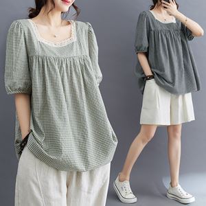 Summer Loose Casual Square Collar Plaid T-Shirt