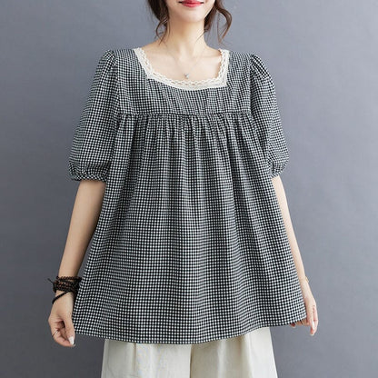 Summer Loose Casual Square Collar Plaid T-Shirt