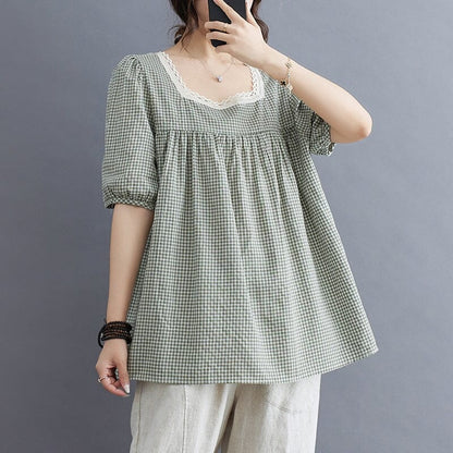 Summer Loose Casual Square Collar Plaid T-Shirt