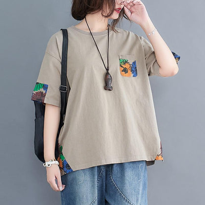 Summer Loose Floral Pocket Cotton T-Shirt